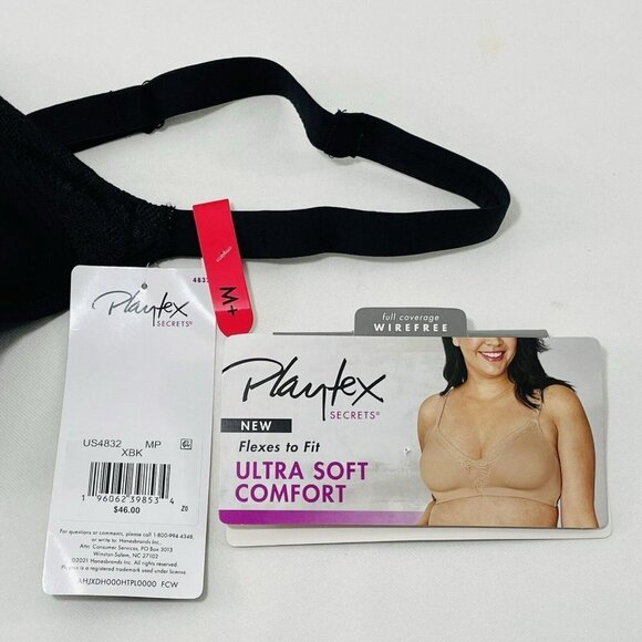 Playtex Bra Wireless Ultra Soft Wire Free Size M Black Comfort Full Coverage New - Picture 10 of 12